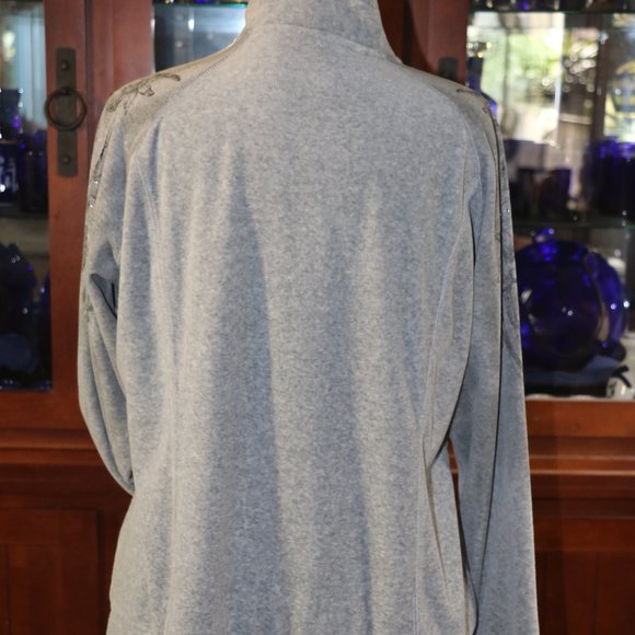 Women's Gray Velvet-Like Rhinestone Embellished Zippered Jacket- 1X - Picture 2 of 6